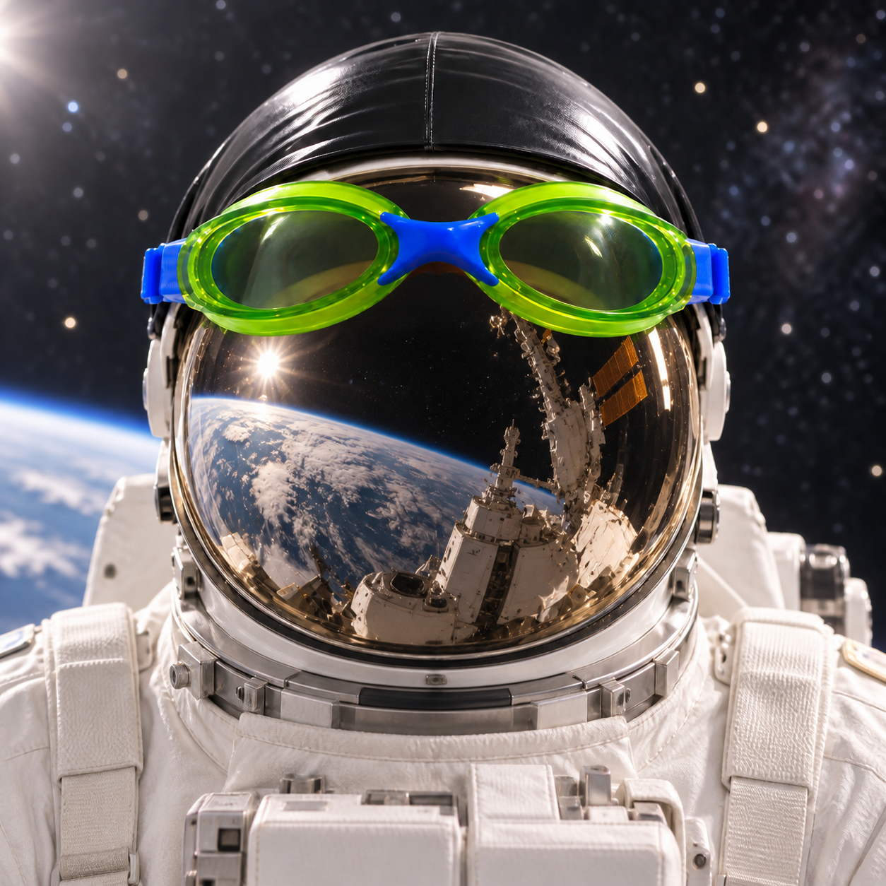 Astronaut wearing swim goggles over his helmet